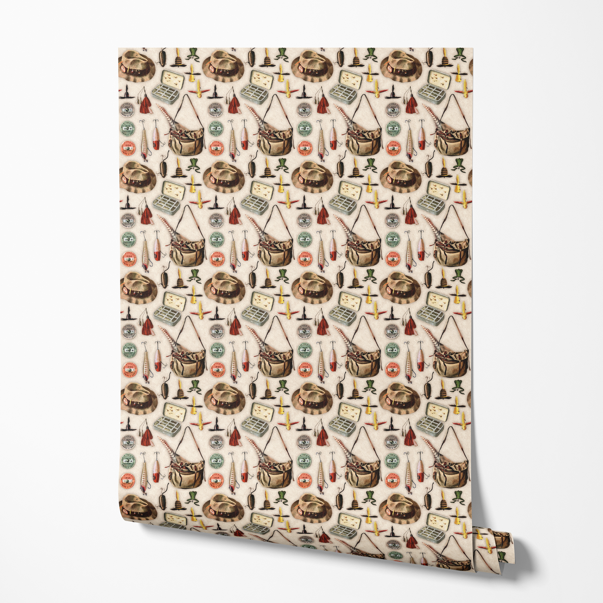 Vintage fishing gear illustration with tackle box, hat, lures, reels, and canvas bag on beige background wallpaper roll mockup