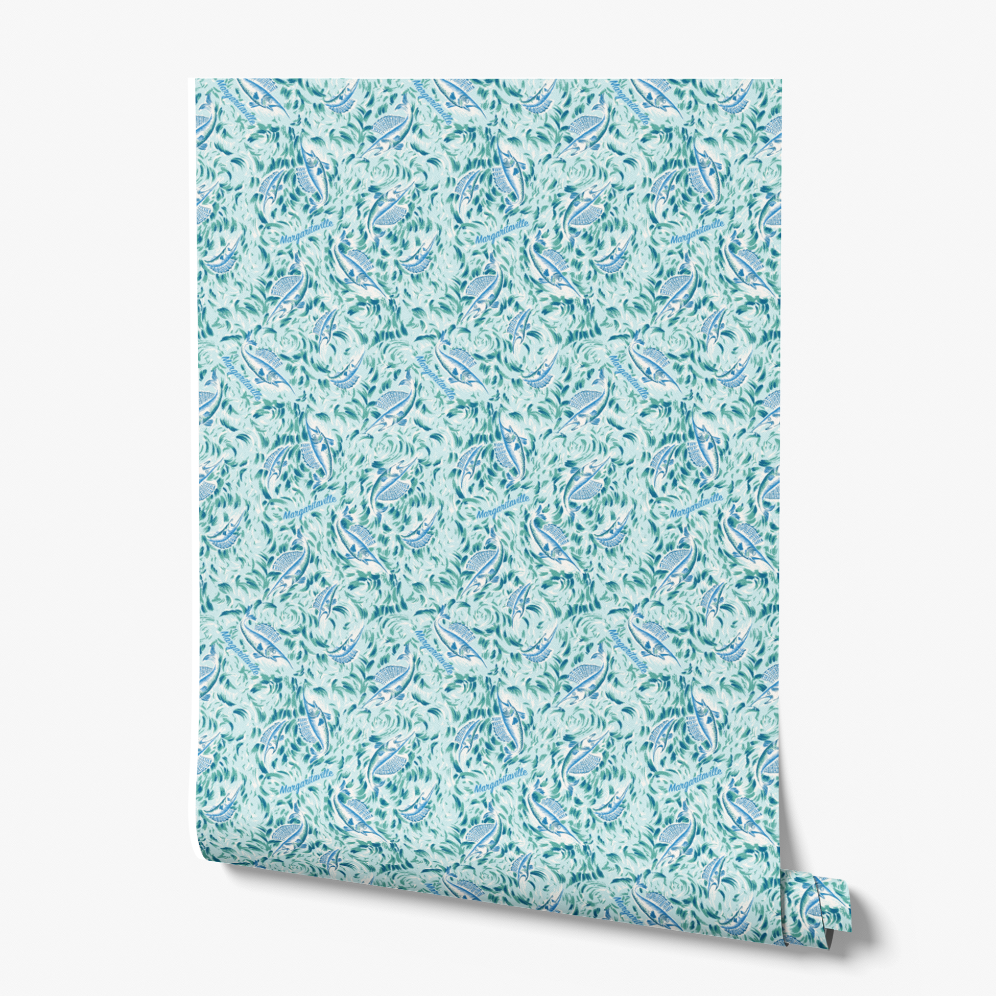 Abstract Margaritaville marbled pattern in teal, blue and white with swirling floral motifs and delicate wave-like designs wallpaper roll mockup