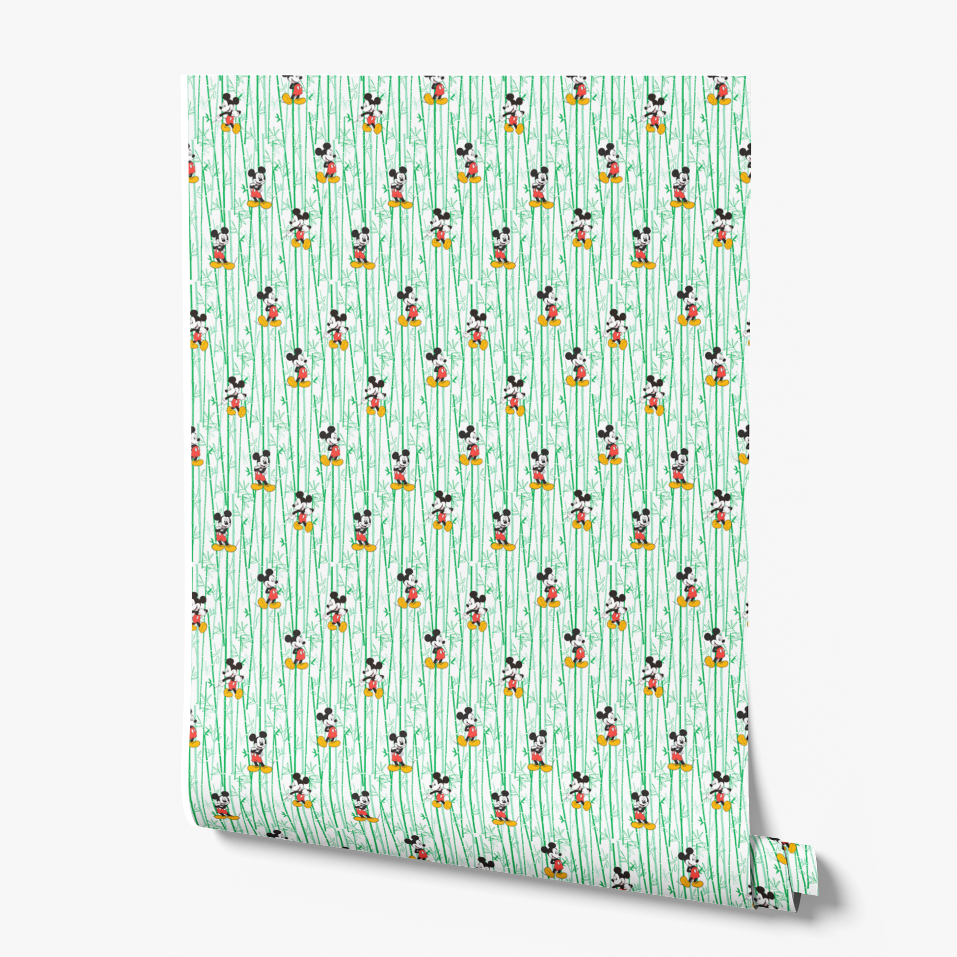 Cartoon mouse character pattern on white background with green vertical stripes wallpaper roll mockup
