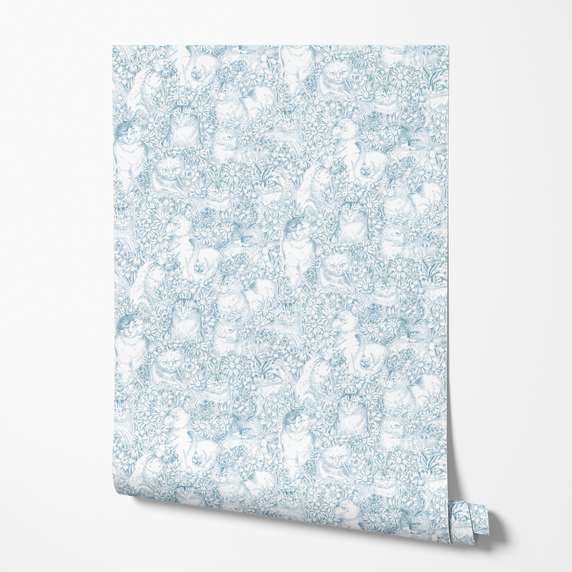 Floral Cat Sketch on Light Blue | Peel & Stick Wallpaper