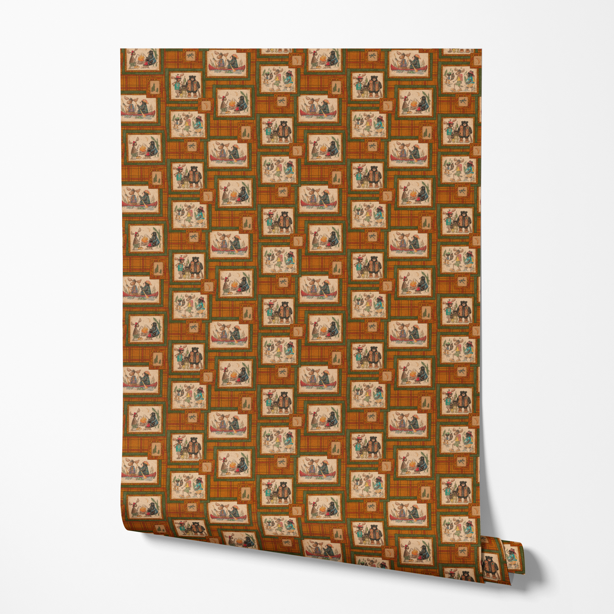 Vintage-style patchwork pattern with framed scenes of people and animals on orange plaid background wallpaper roll mockup