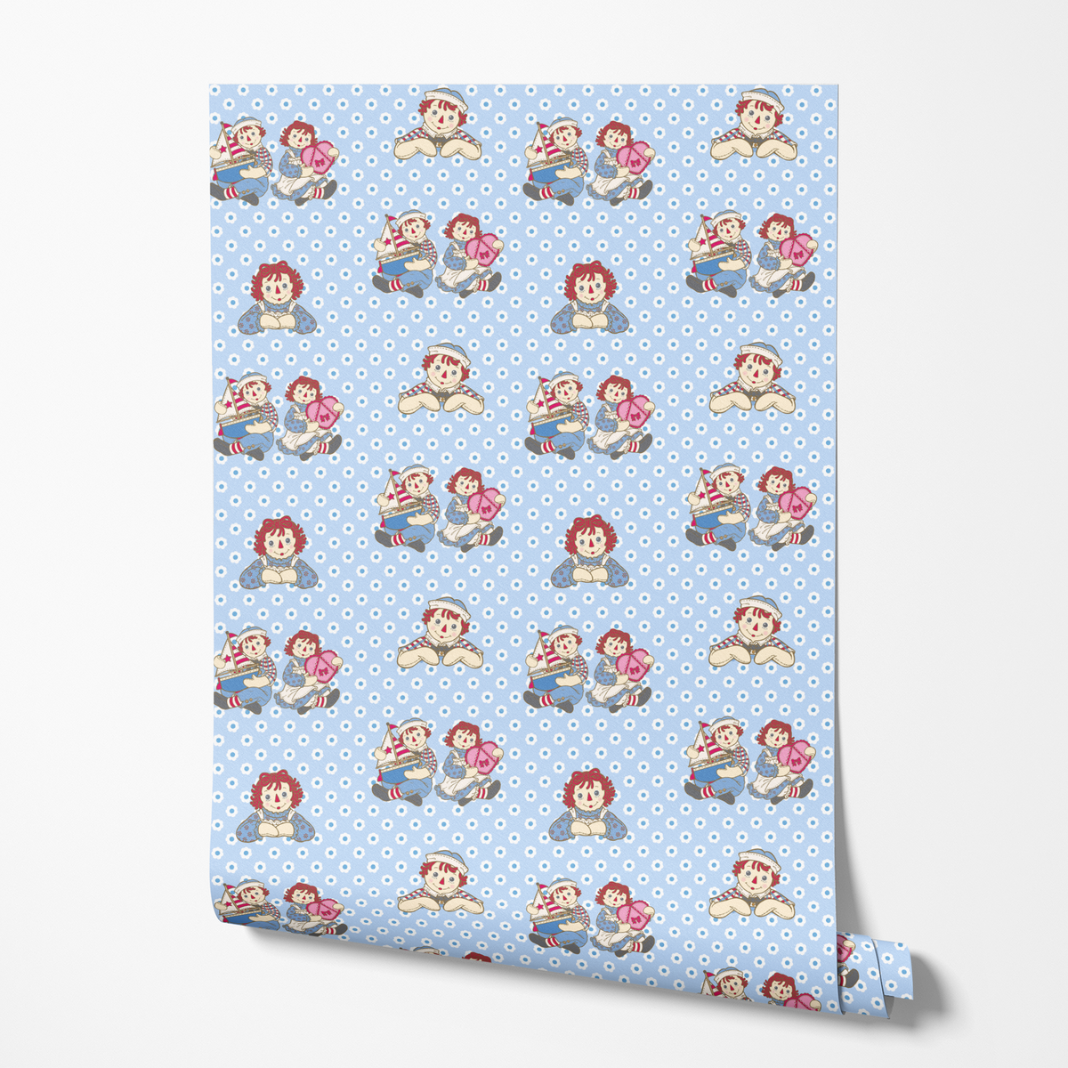 Raggedy Ann and Andy Daisy Toss on Blue | Peel & Stick Wallpaper