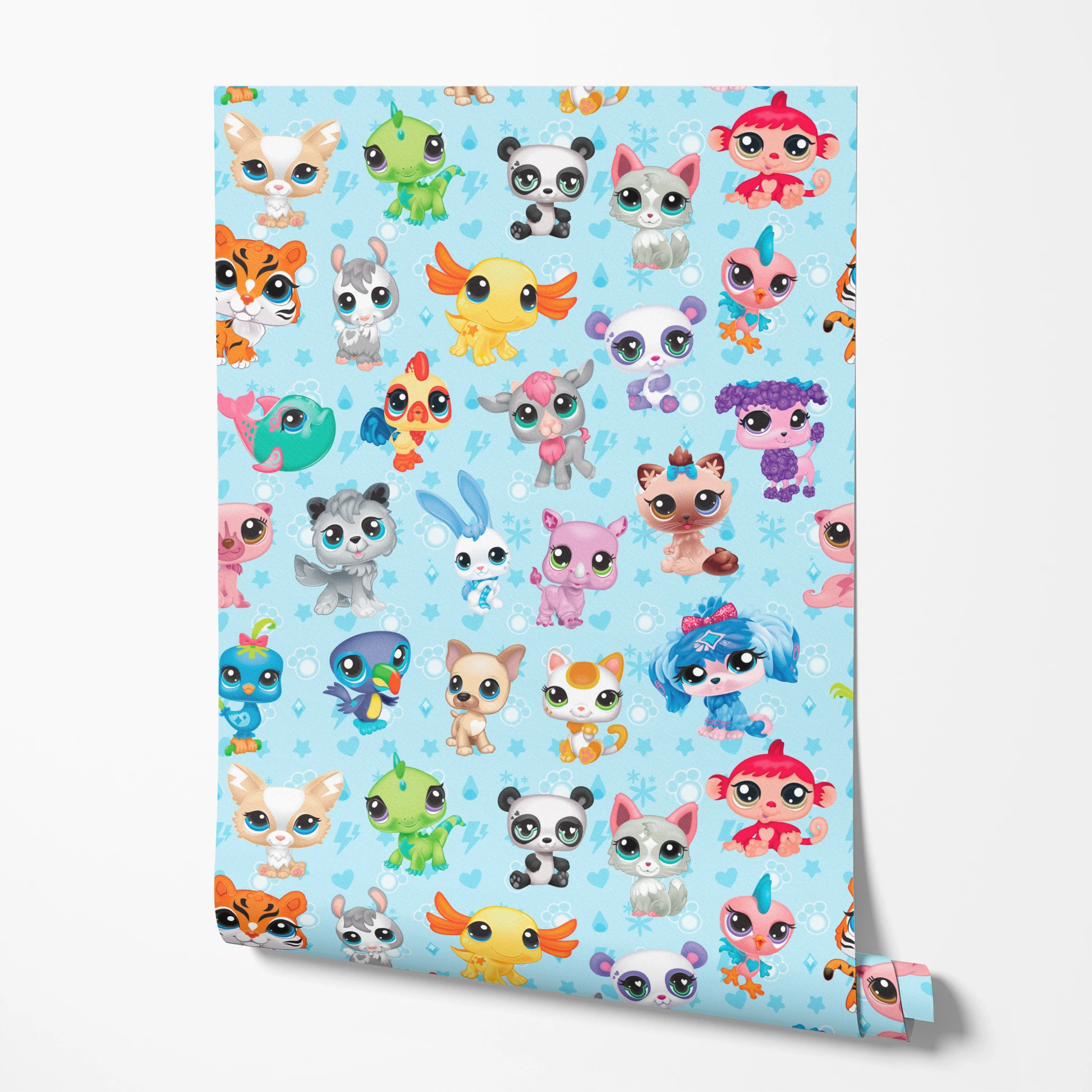 Hasbro Littliest Pet Shop Character Collage on Blue Wallpaper