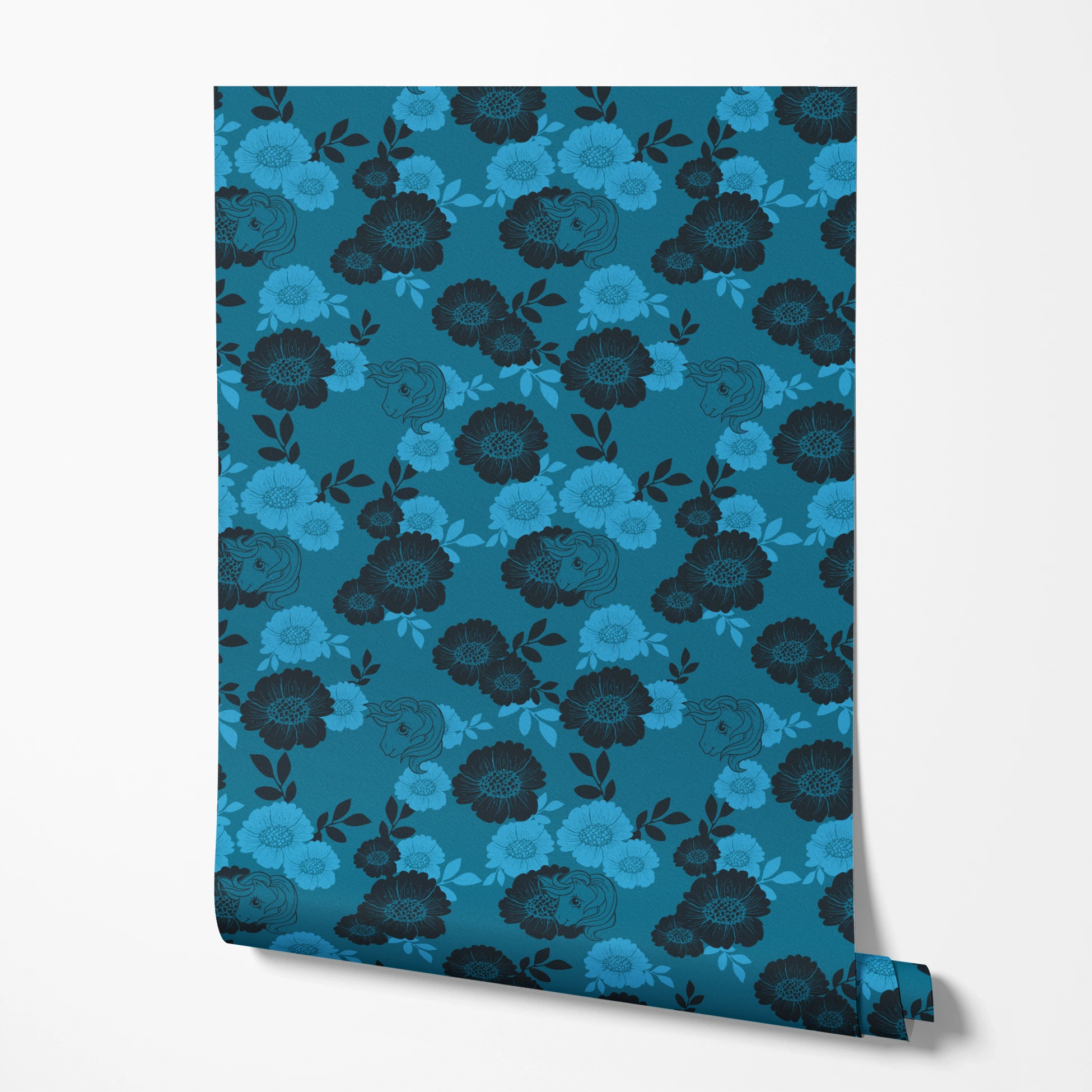 Hasbro My Little Pony Floral Silhouettes on Blue Wallpaper