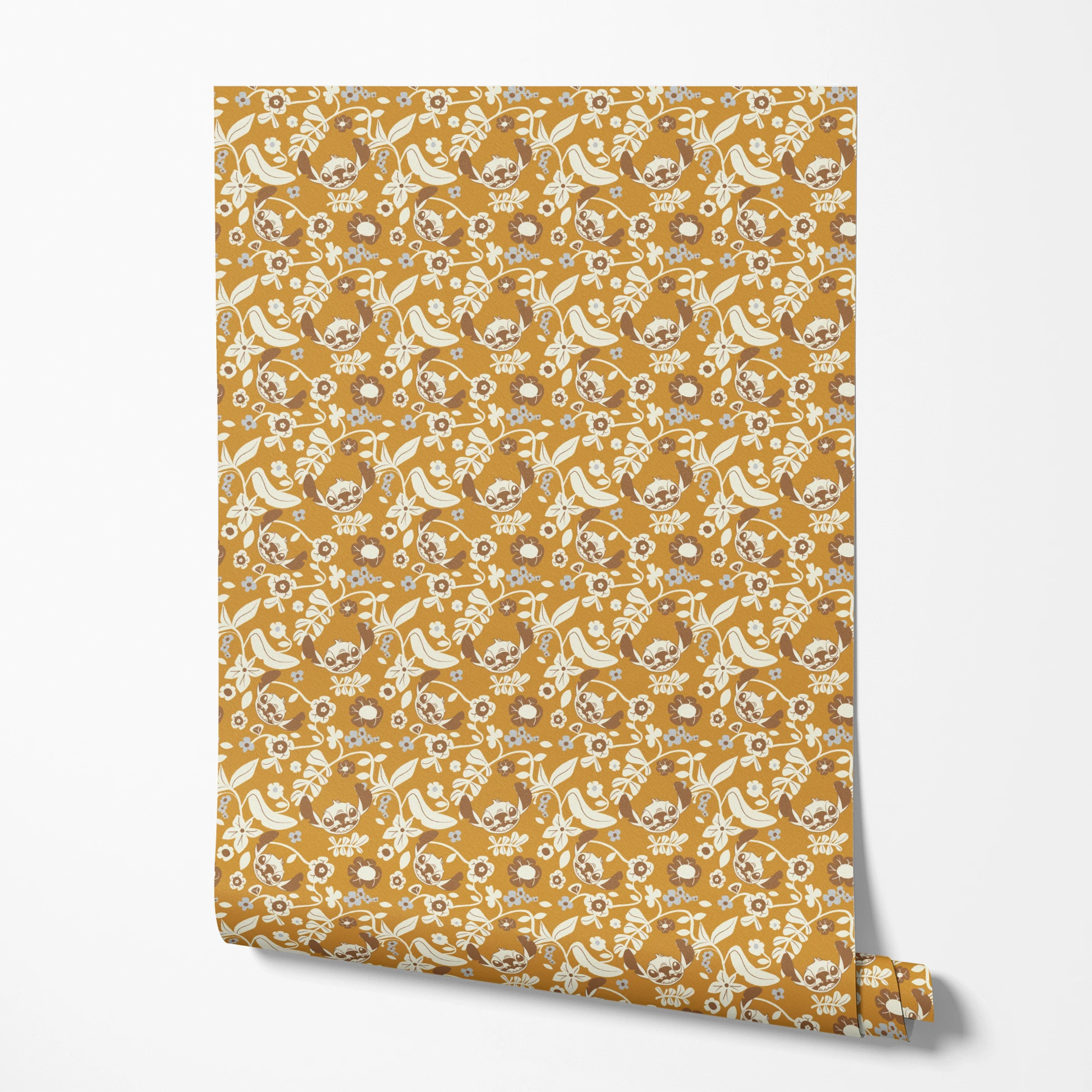 Disney Stitch Florals on Yellow Wallpaper