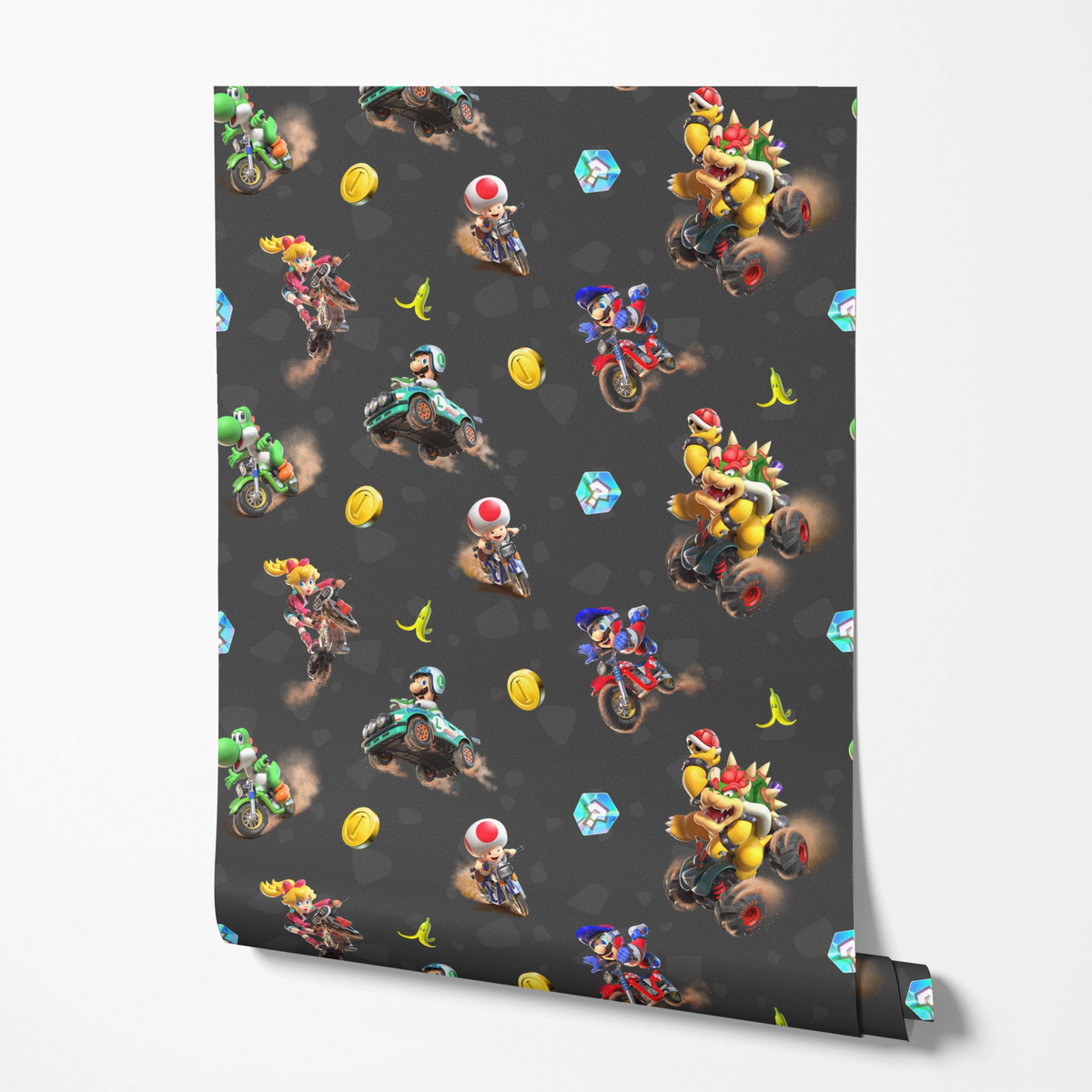 Mario Kart™ World 3D Friends in Action on Dark Grey Wallpaper