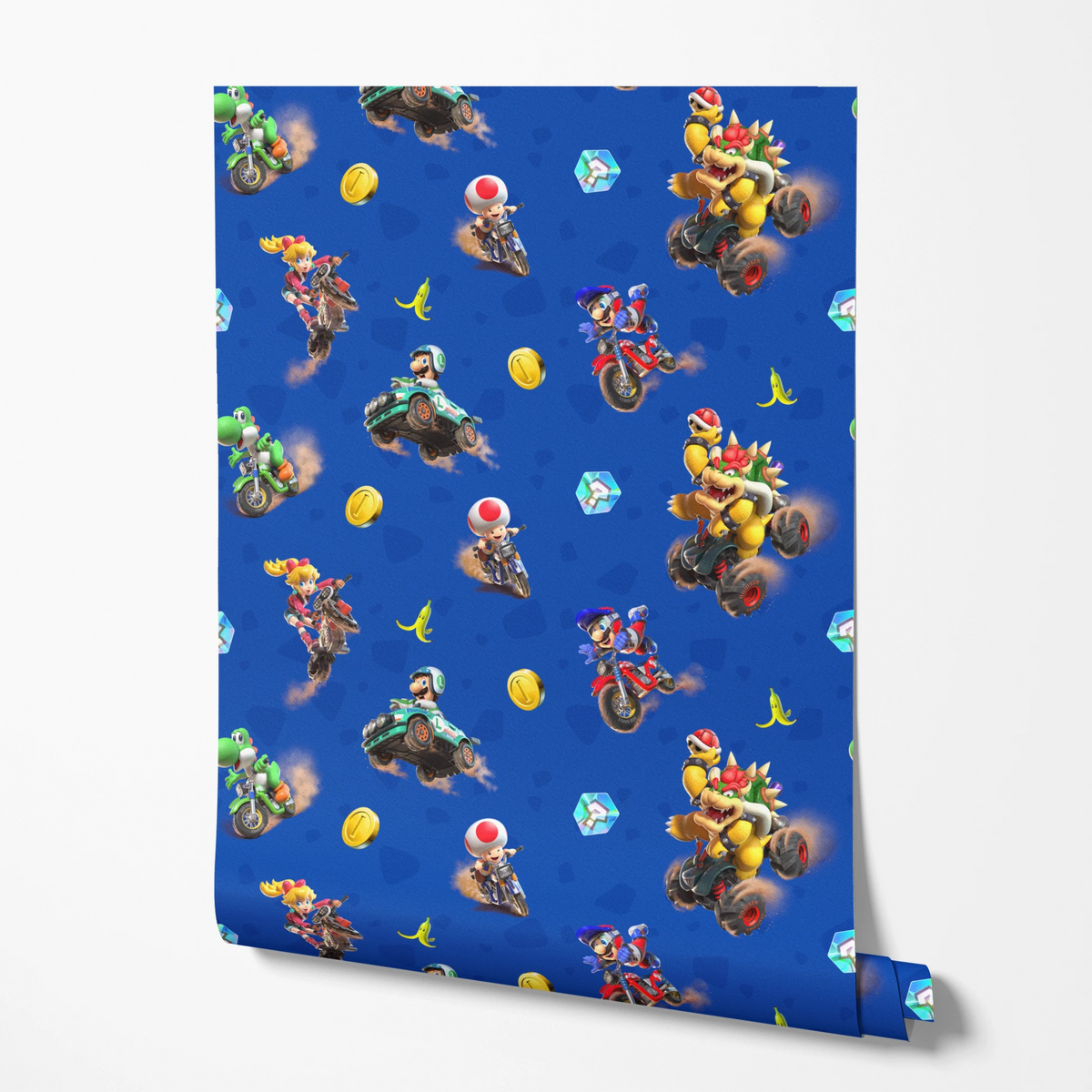 Mario Kart™ World 3D Friends in Action on Blue Wallpaper