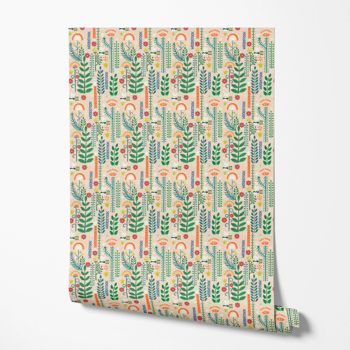 Woodstock Retro Greenery on Tan Wallpaper