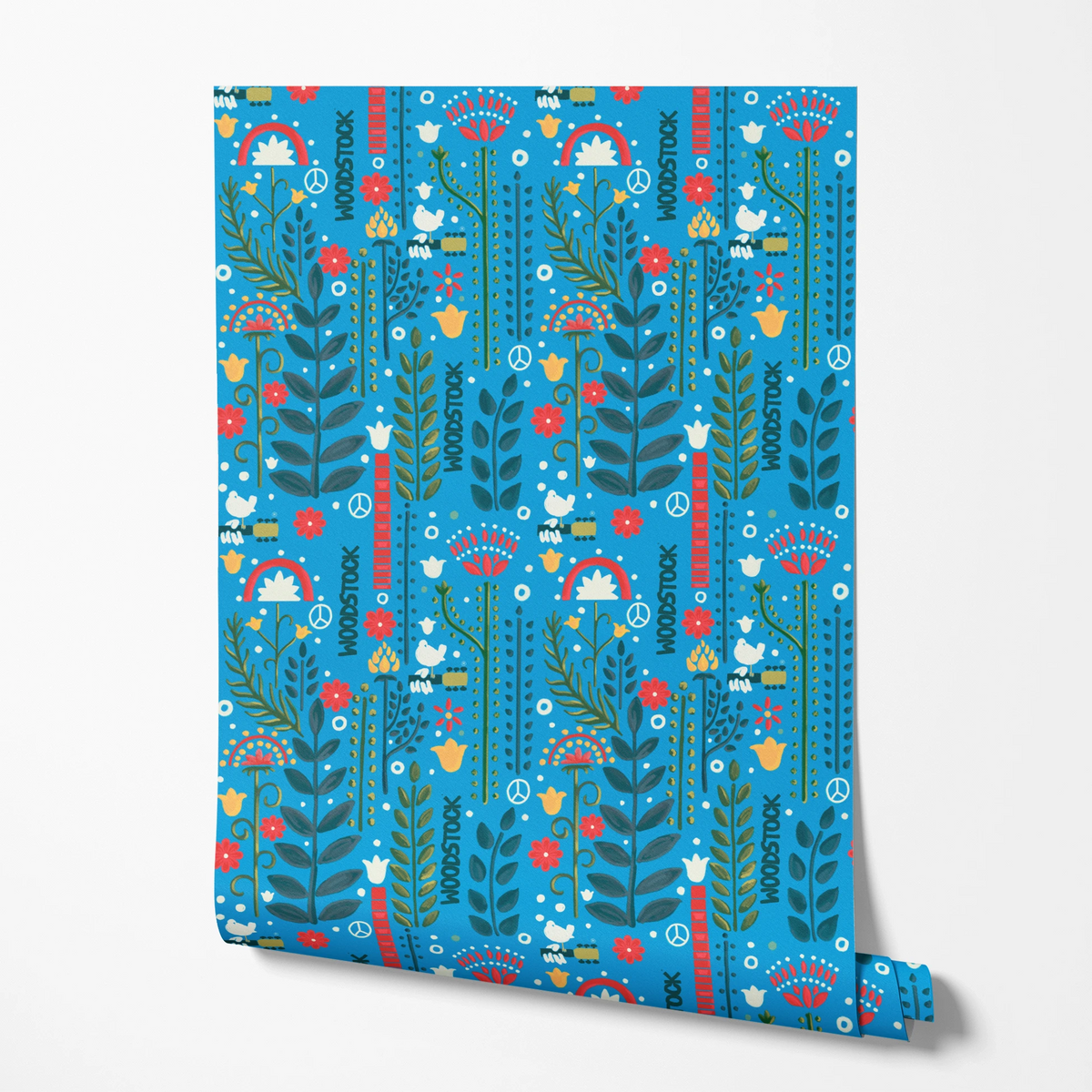 Woodstock Retro Greenery on Blue Wallpaper