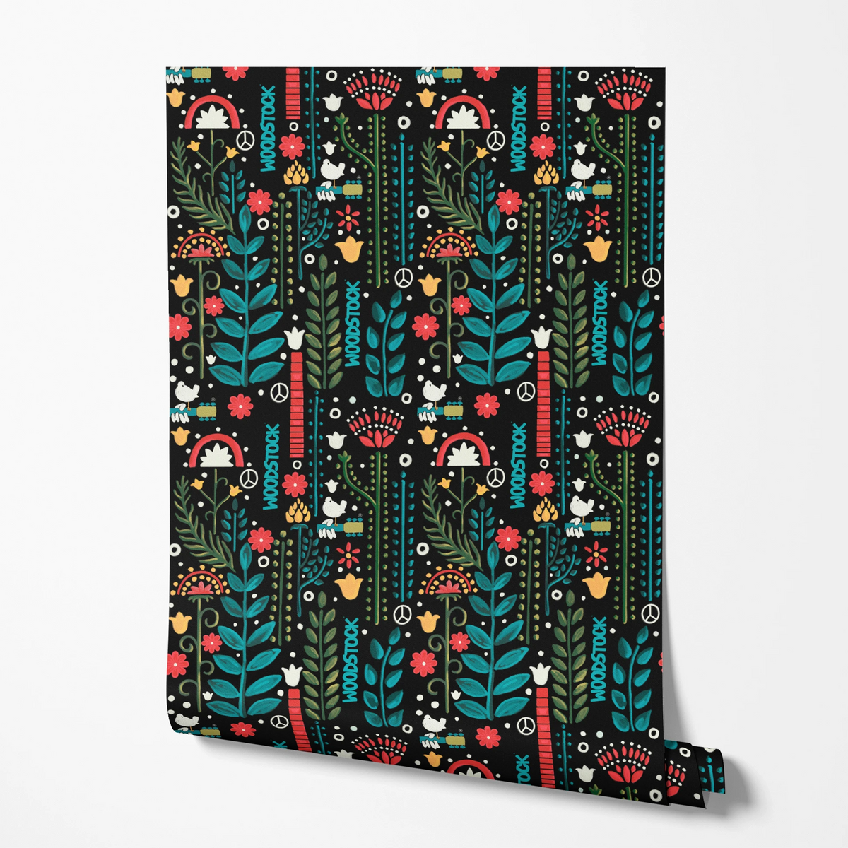 Woodstock Retro Greenery on Black Wallpaper