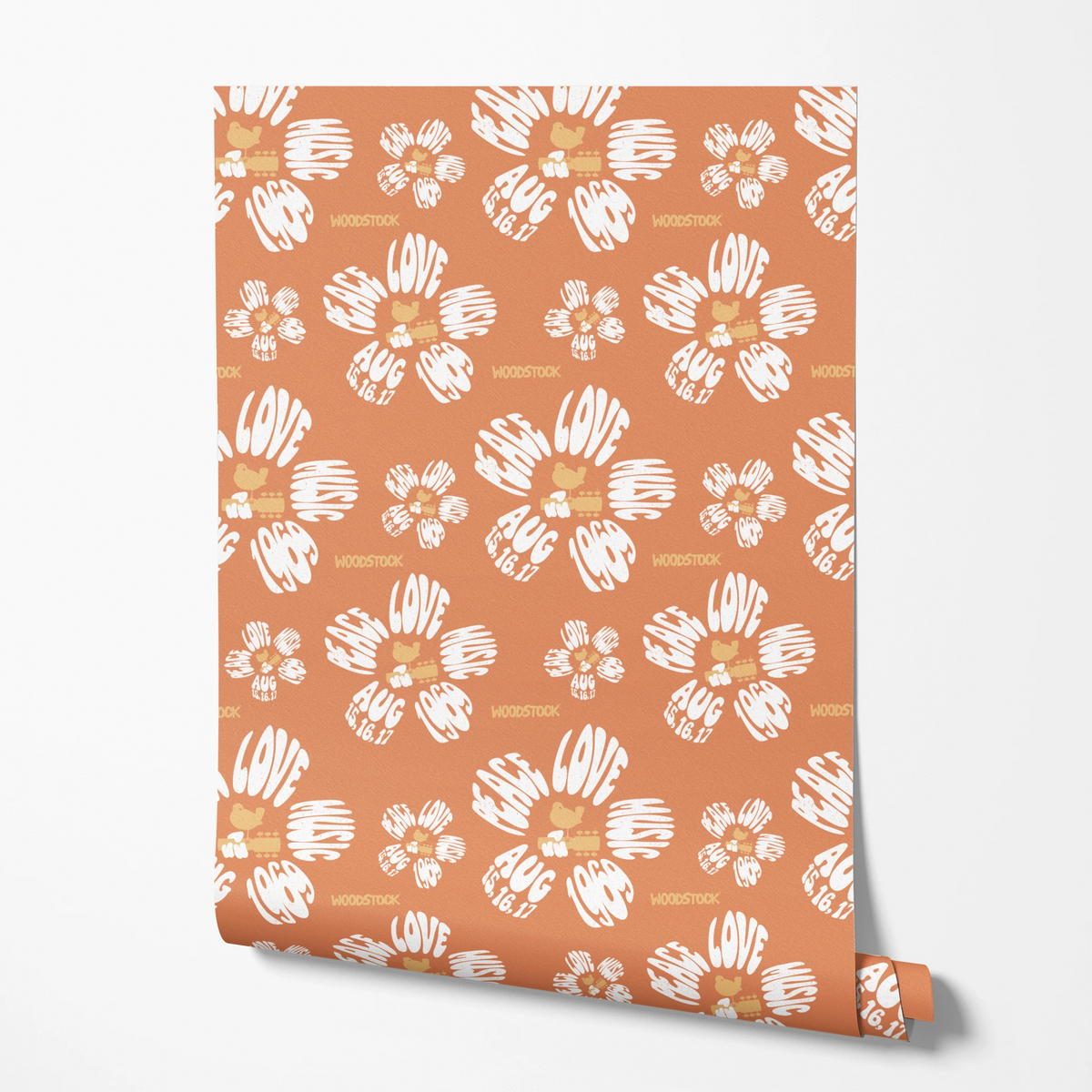 Woodstock Peace, Love, Music Florals on Tan Wallpaper