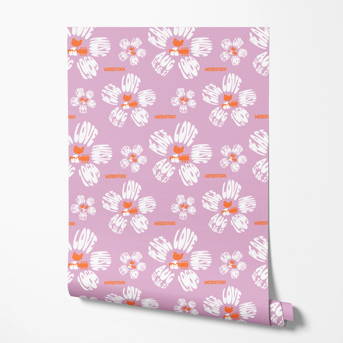 Woodstock Peace, Love, Music Florals on Lavender Wallpaper